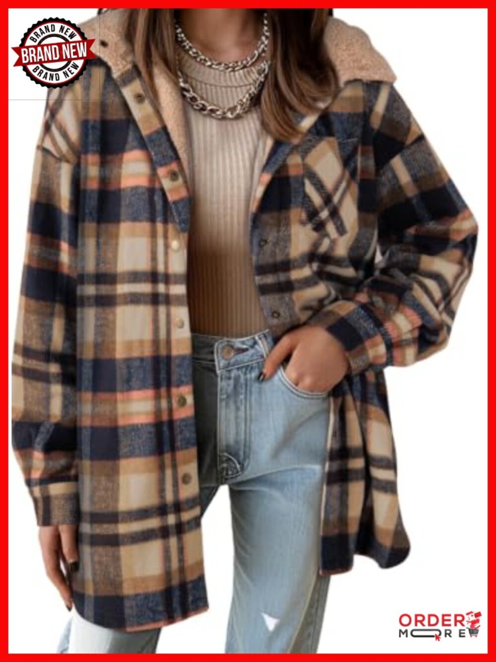 Womens Oversized Flannel Shacket Button Down Plaid Jacket Long Sleeve